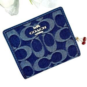 Coach Snap Wallet In Signature Denim With Cherry Charm Bag Purse